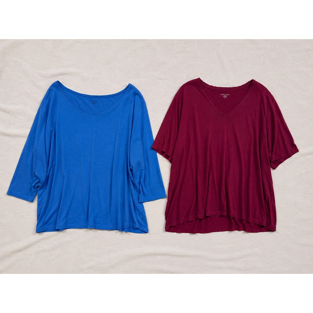 Eileen Fisher Woman Plus Size Tops Lot 3X Blue Scoop Neck Burgundy V-Neck Jersey